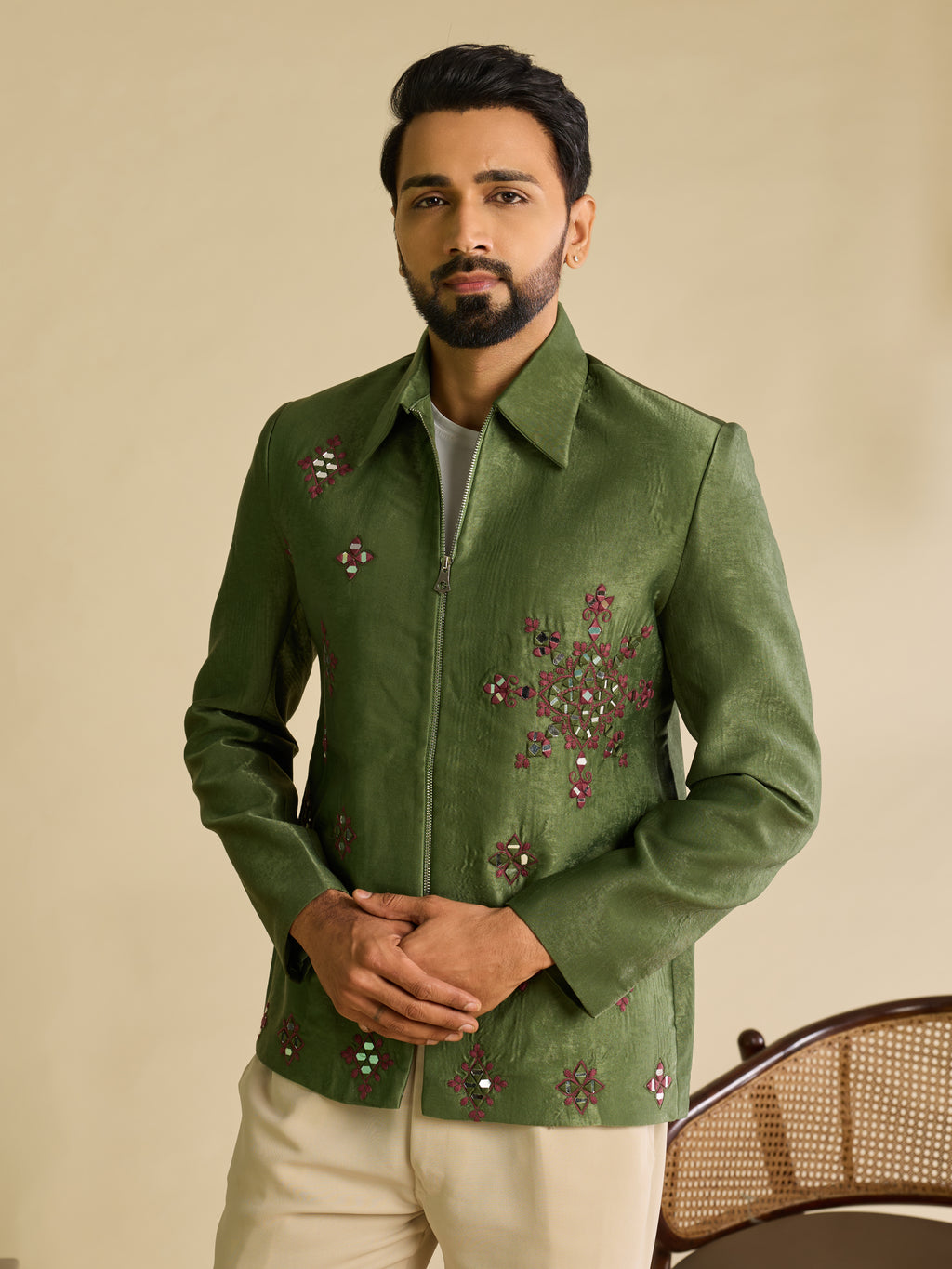 Green Velvet Heavy Mirror Work Bomber Jacket & Beige Pant
