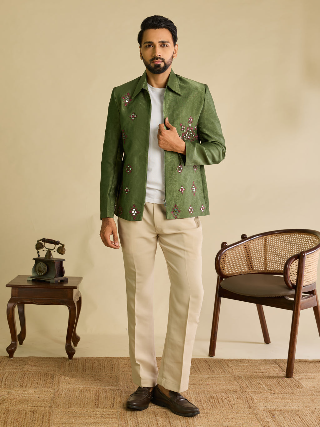 Green Velvet Heavy Mirror Work Bomber Jacket & Beige Pant
