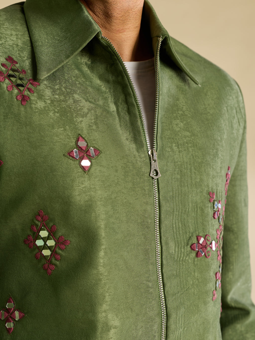 Green Velvet Heavy Mirror Work Bomber Jacket & Beige Pant
