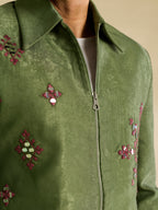Green Velvet Heavy Mirror Work Bomber Jacket & Beige Pant
