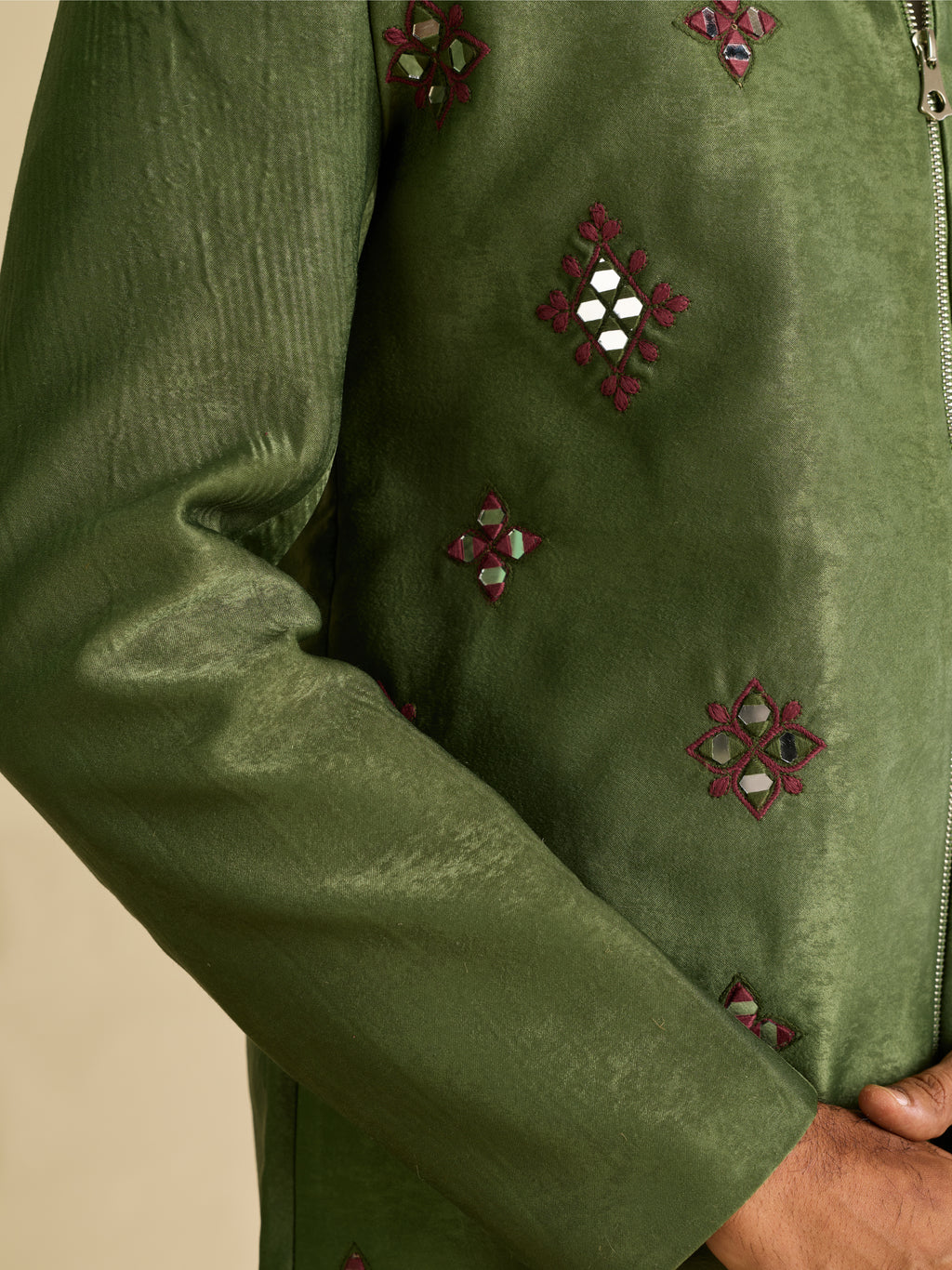 Green Velvet Heavy Mirror Work Bomber Jacket & Beige Pant
