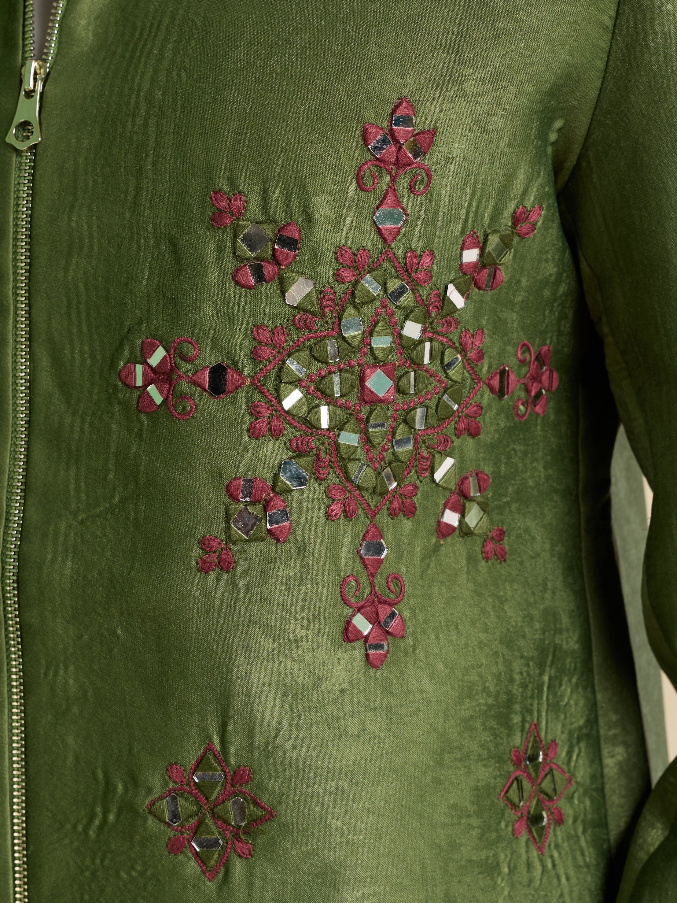 Green Velvet Heavy Mirror Work Bomber Jacket & Beige Pant
