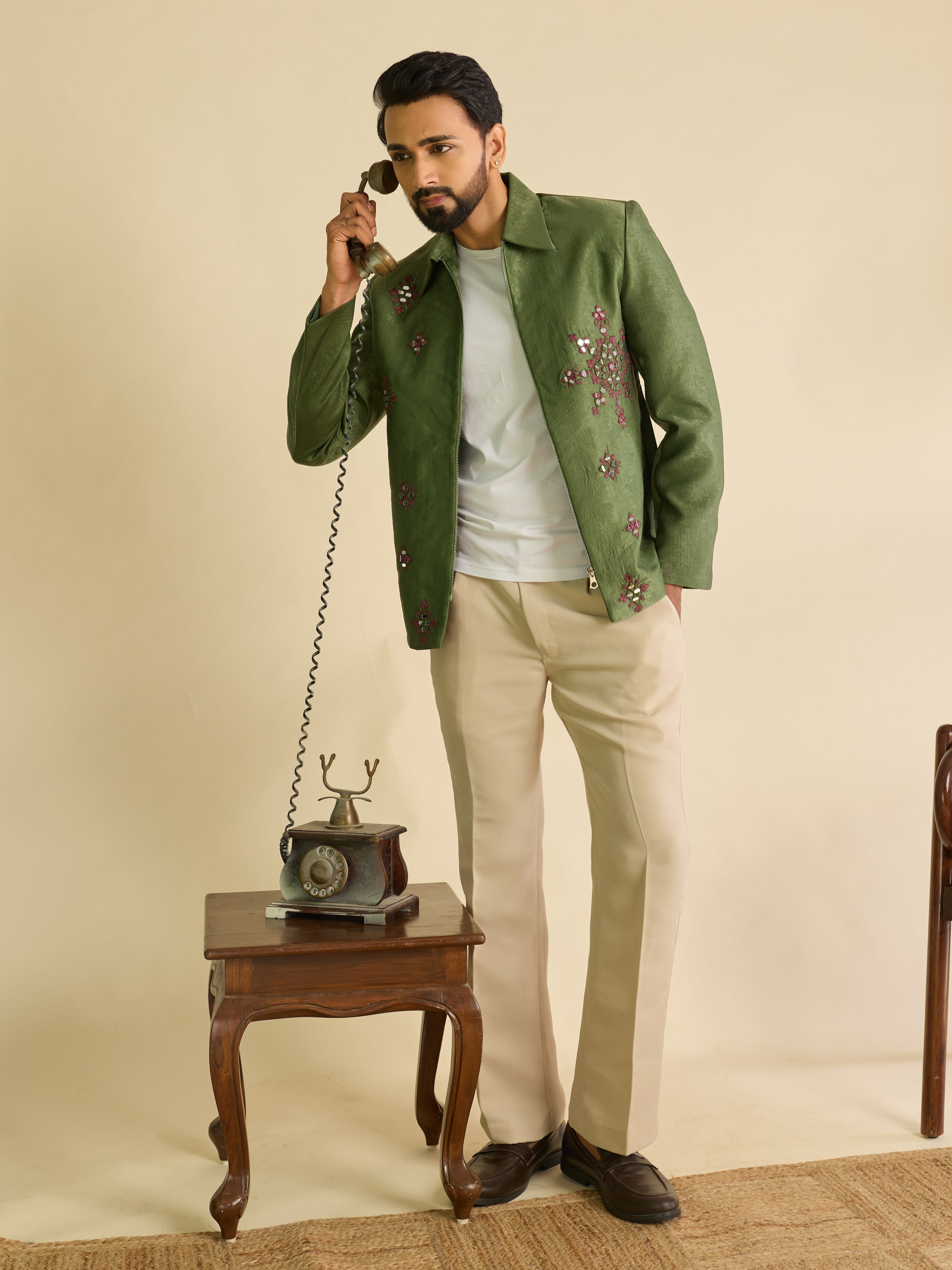Green Velvet Heavy Mirror Work Bomber Jacket & Beige Pant
