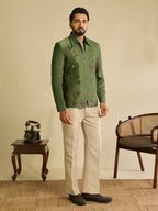 Green Velvet Heavy Mirror Work Bomber Jacket & Beige Pant
