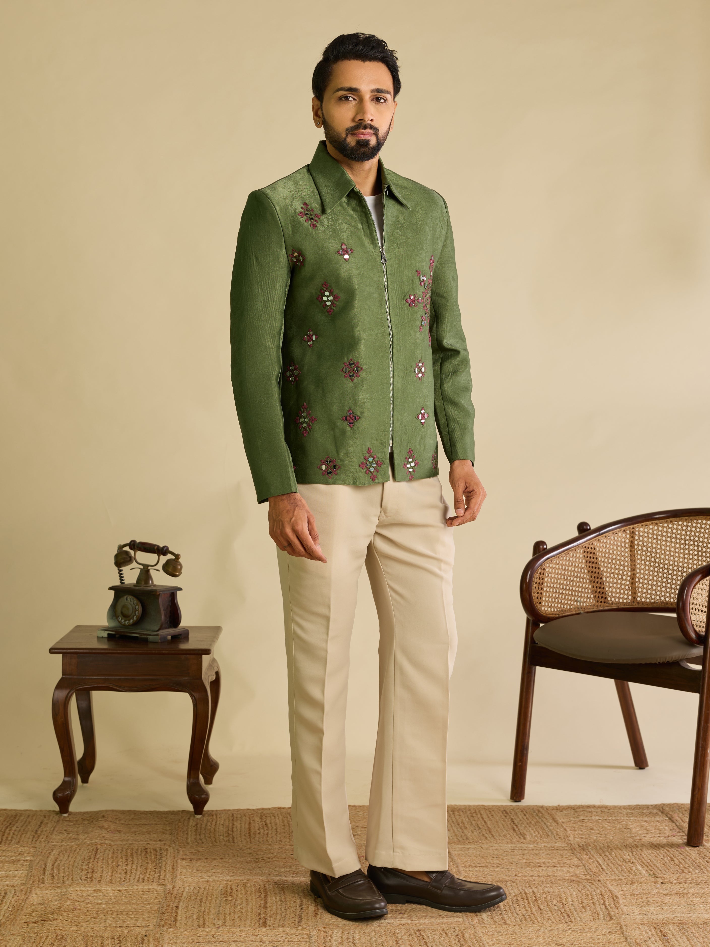 Green Velvet Heavy Mirror Work Bomber Jacket & Beige Pant
