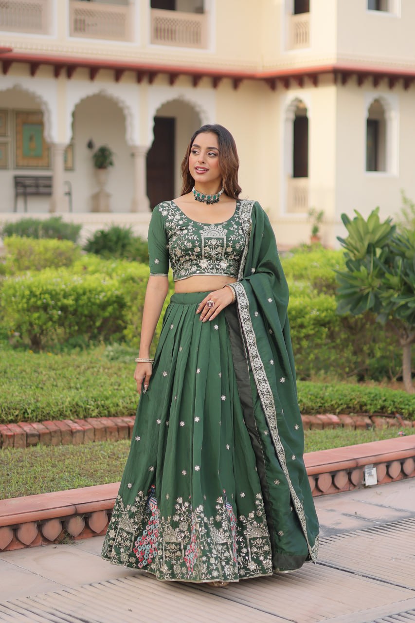 Royal Dark Green Vichitra Silk Sequins Zari Embroidery Lehenga Choli Set
