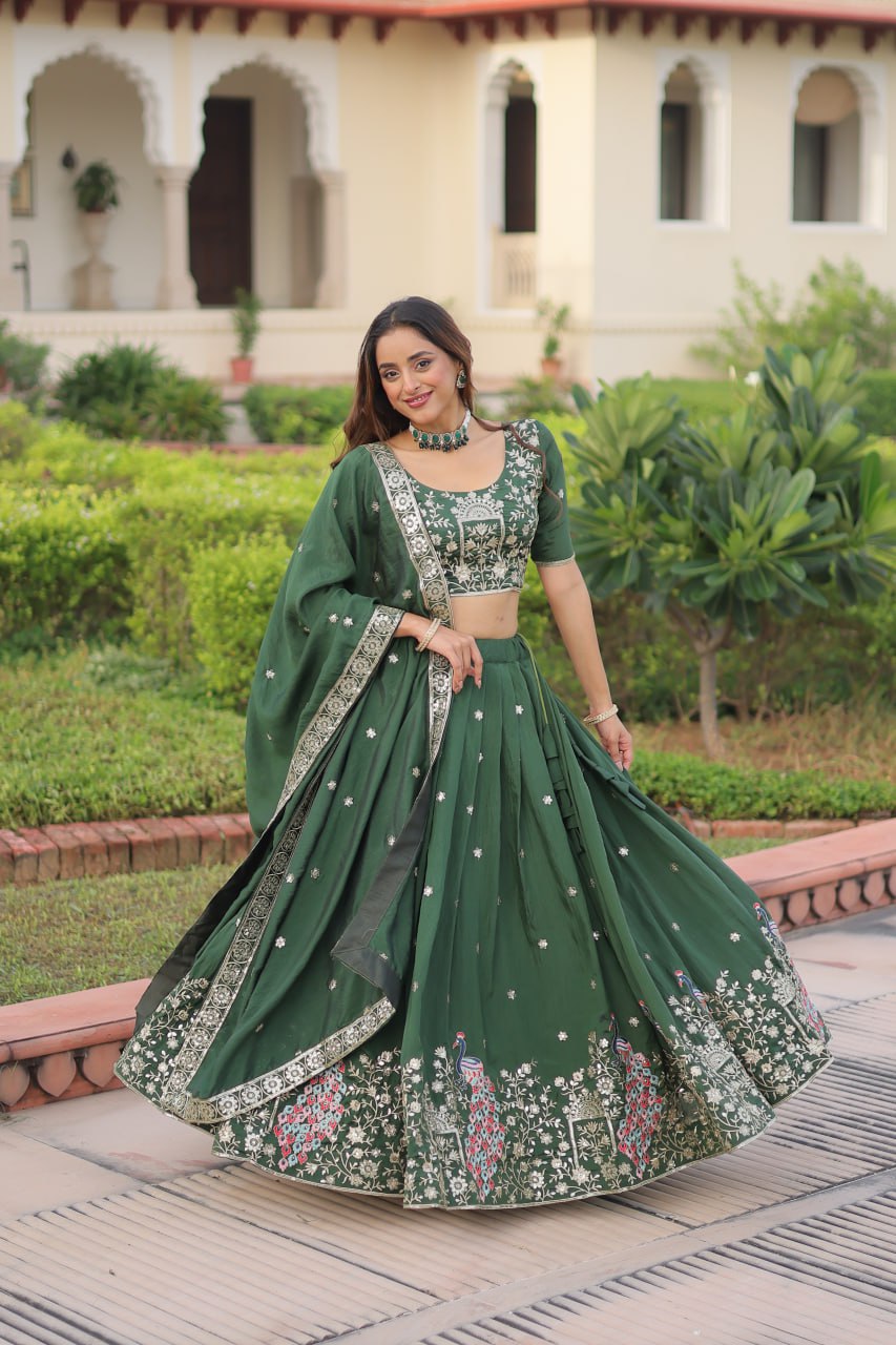 Royal Dark Green Vichitra Silk Sequins Zari Embroidery Lehenga Choli Set
