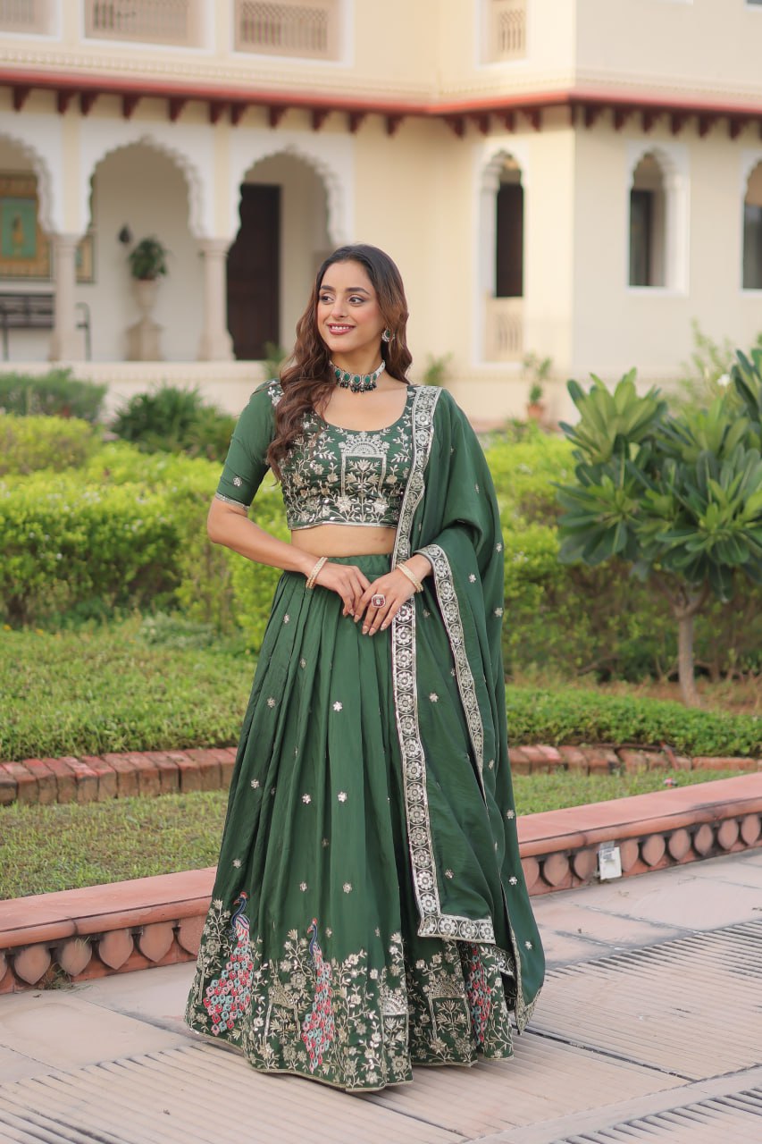 Royal Dark Green Vichitra Silk Sequins Zari Embroidery Lehenga Choli Set
