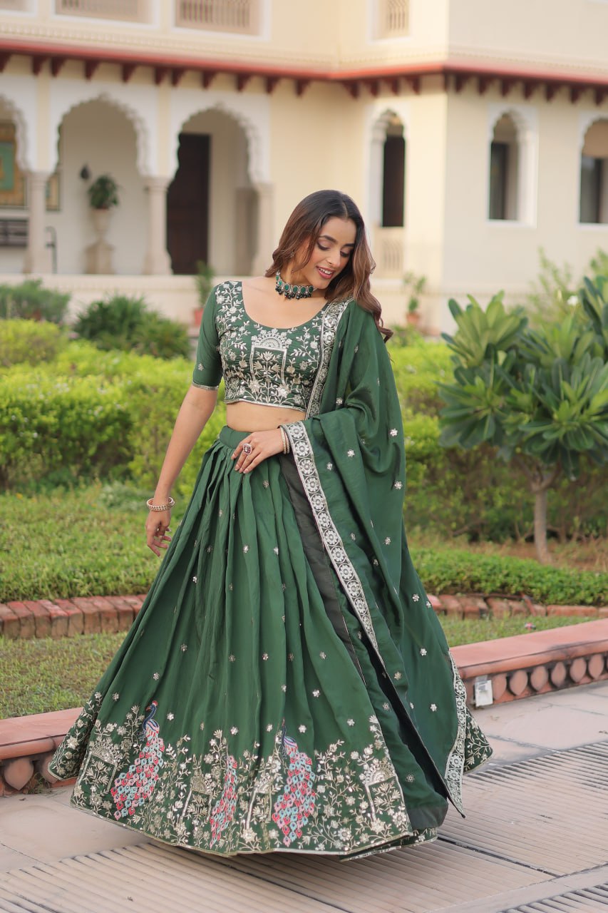 Royal Dark Green Vichitra Silk Sequins Zari Embroidery Lehenga Choli Set
