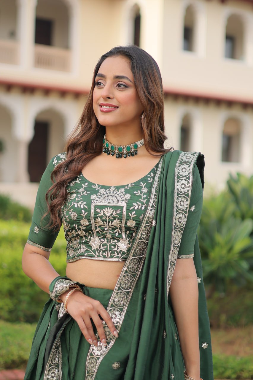 Royal Dark Green Vichitra Silk Sequins Zari Embroidery Lehenga Choli Set
