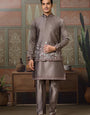 Grey Embroidered Koti Kurta Set for Mens Wear