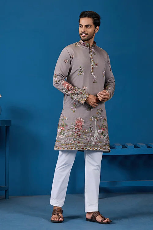 Classy Grey Embroidered Mens Kurta for Wedding Events