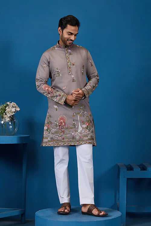 Classy Grey Embroidered Mens Kurta for Wedding Events