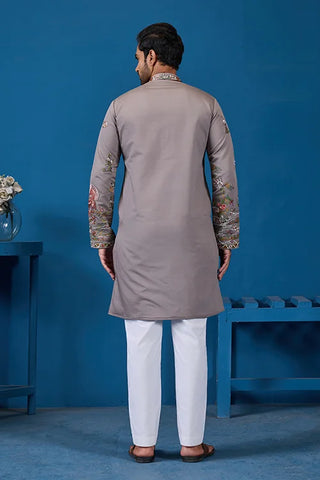 Classy Grey Embroidered Mens Kurta for Wedding Events