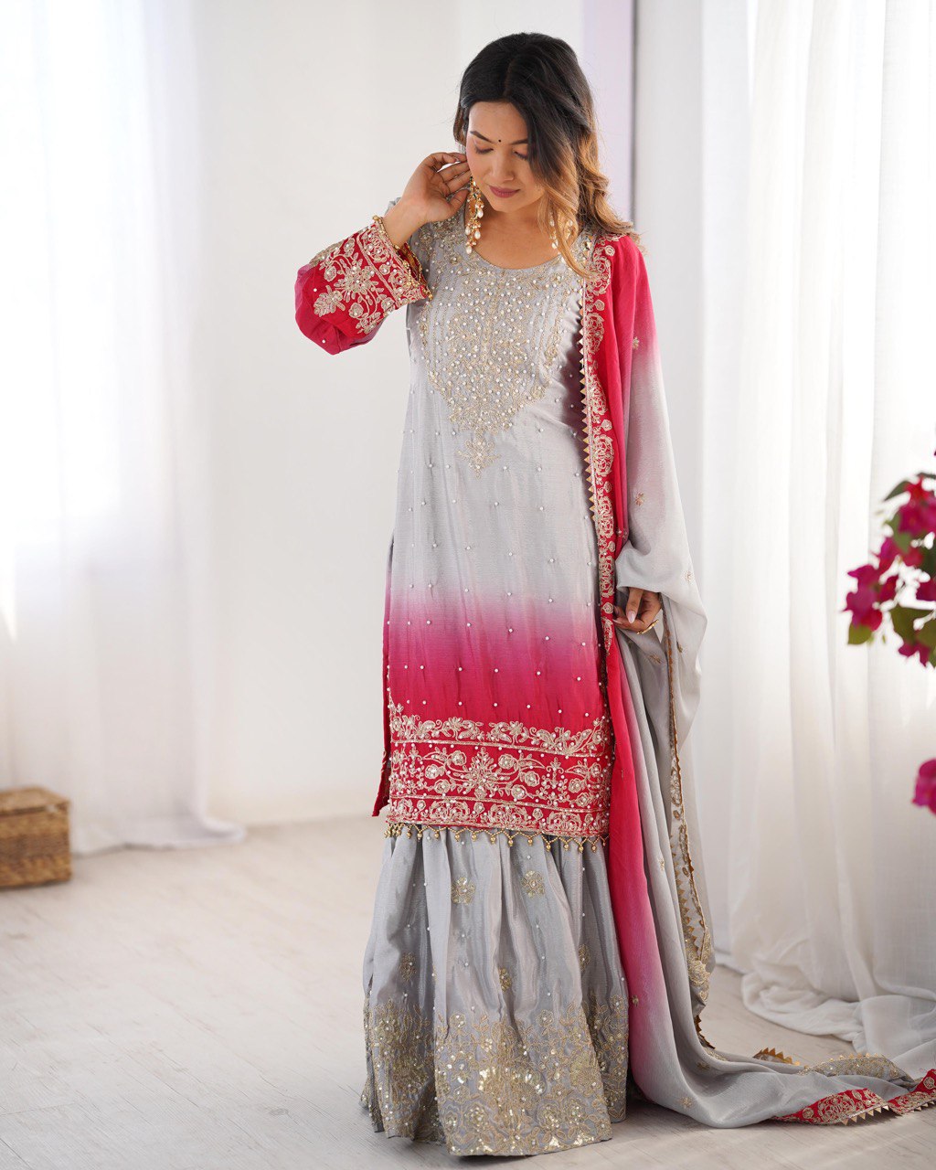 Premium Chinnon Silk with Coding Dori with Sequence with Rivet Moti Work Fancy Suit Set