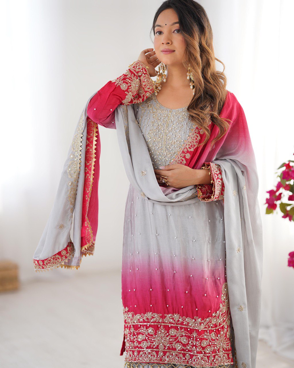 Premium Chinnon Silk with Coding Dori with Sequence with Rivet Moti Work Fancy Suit Set
