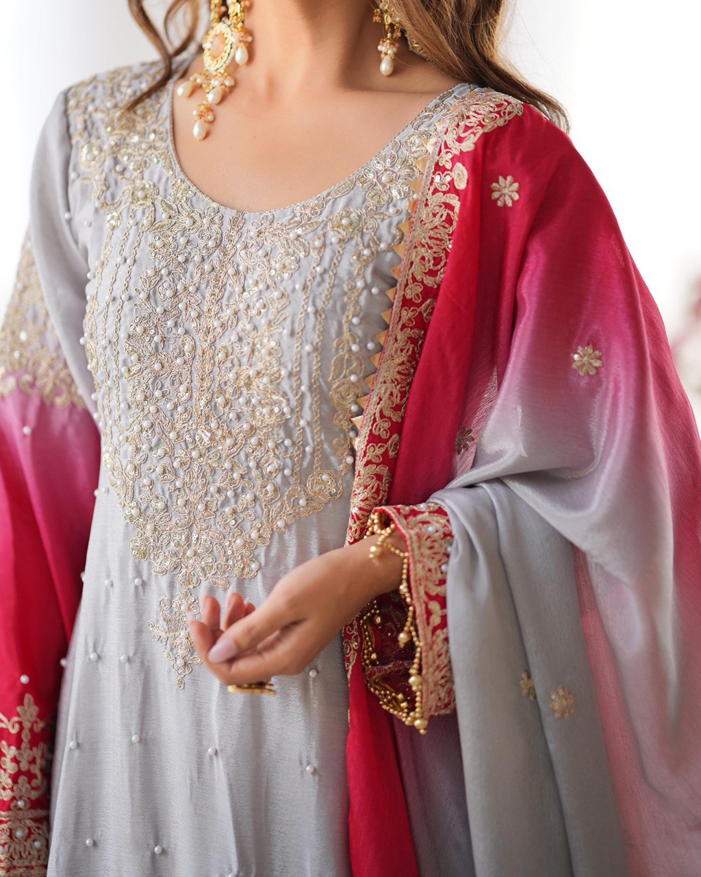 Premium Chinnon Silk with Coding Dori with Sequence with Rivet Moti Work Fancy Suit Set
