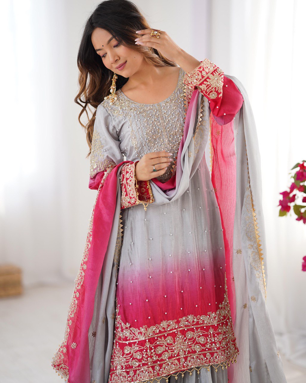 Premium Chinnon Silk with Coding Dori with Sequence with Rivet Moti Work Fancy Suit Set