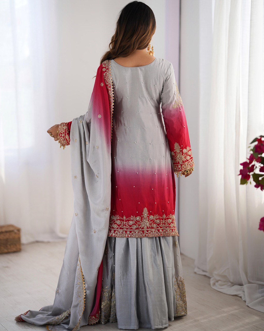 Premium Chinnon Silk with Coding Dori with Sequence with Rivet Moti Work Fancy Suit Set