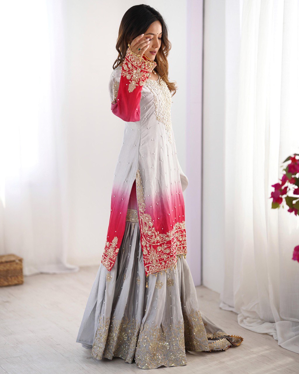 
Premium Chinnon Silk with Coding Dori with Sequence with Rivet Moti Work Fancy Suit Set