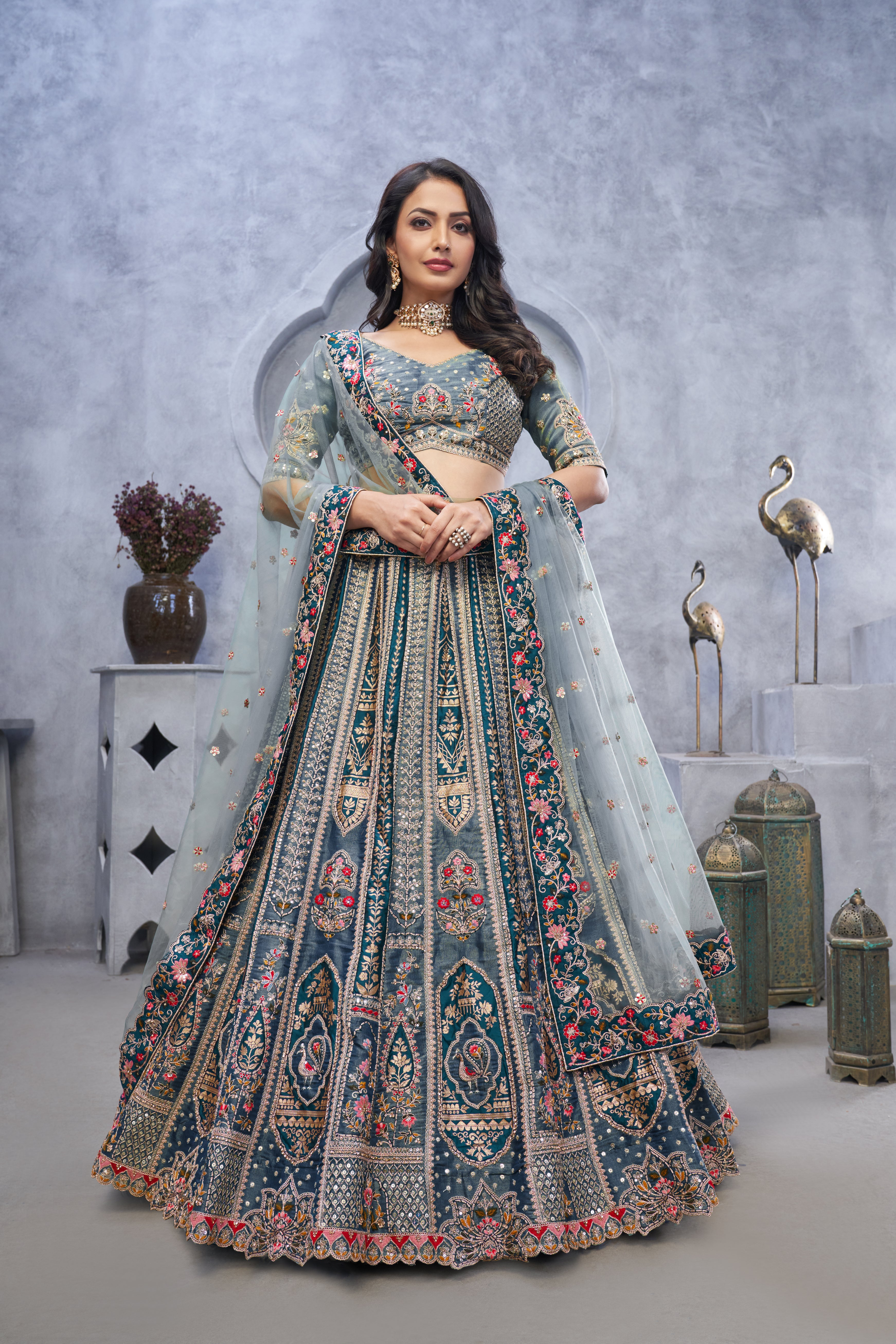 Grey Banarasi Silk Bridal Lehenga Set with Soft Net Dupatta
