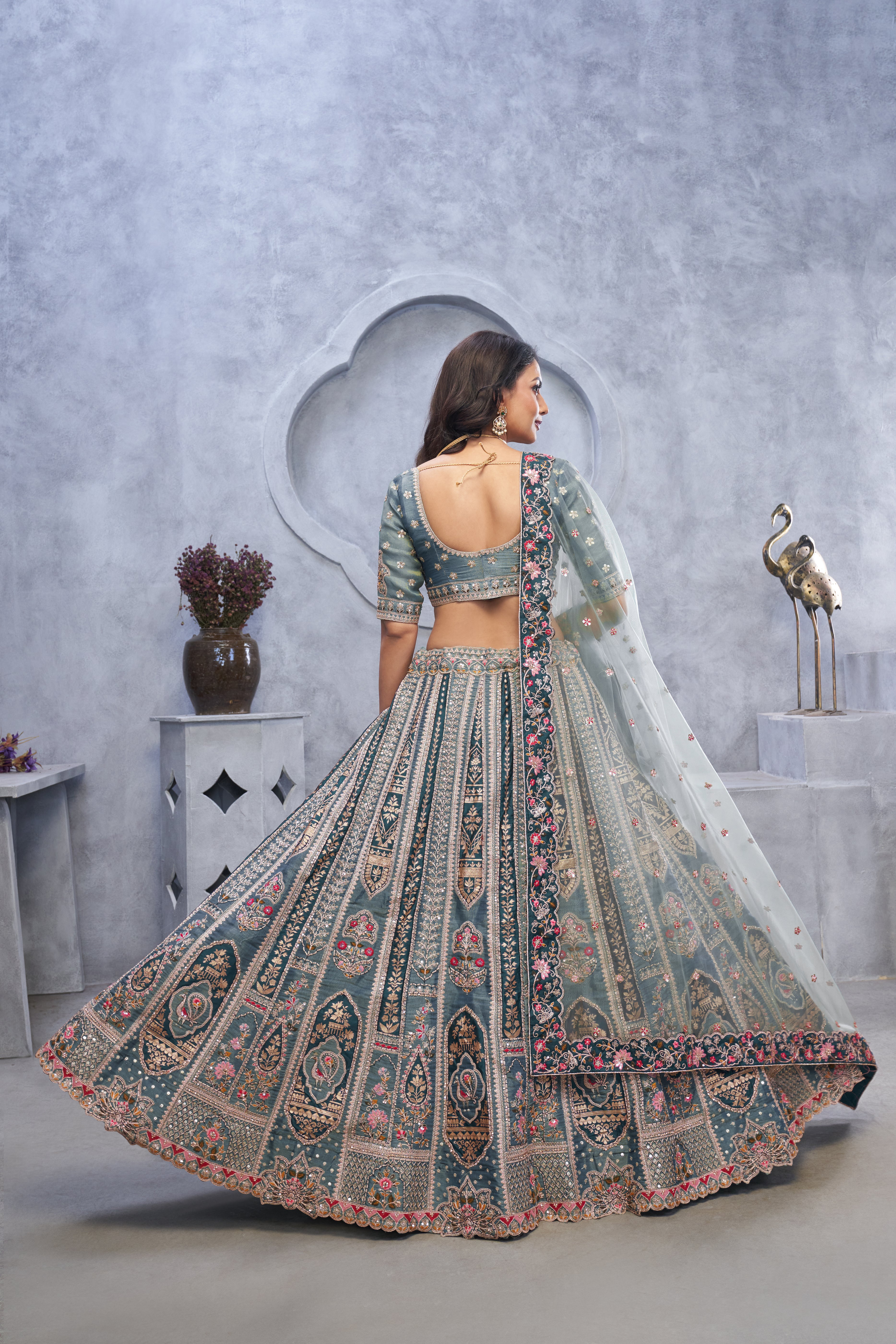 Grey Banarasi Silk Bridal Lehenga Set with Soft Net Dupatta
