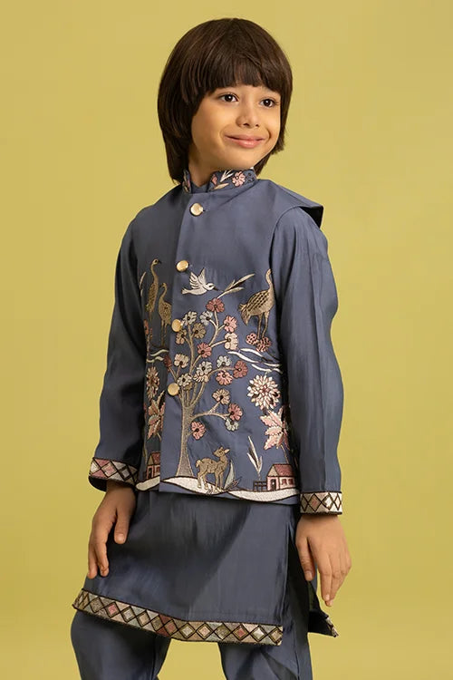 Wedding Special Kids Blue Grey Koti Kurta Outfit