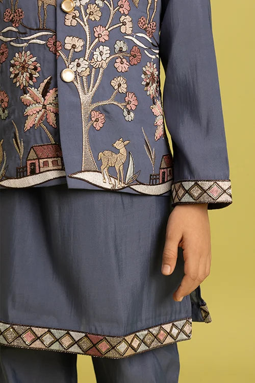 Wedding Special Kids Blue Grey Koti Kurta Outfit