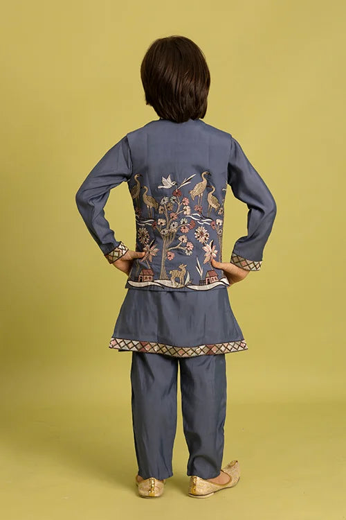 Wedding Special Kids Blue Grey Koti Kurta Outfit