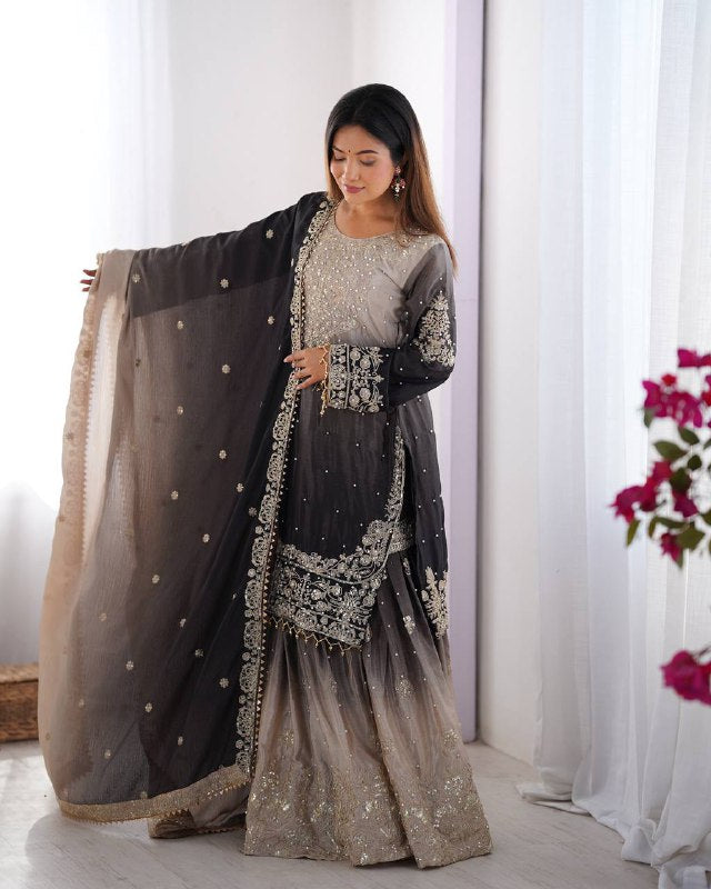 Premium Chinnon Silk with Coding Dori with Sequence with Rivet Moti Work Fancy Suit Set
