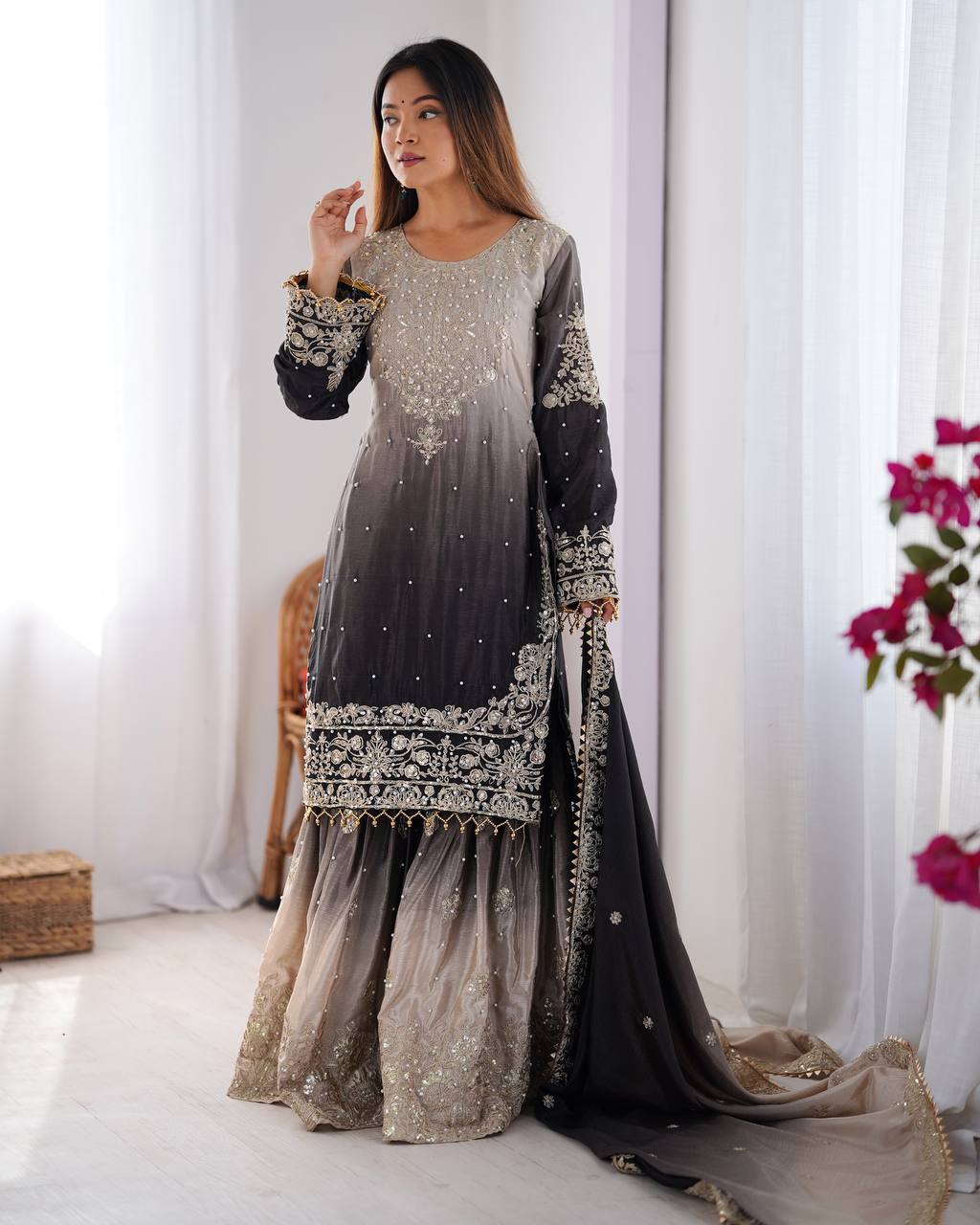 Premium Chinnon Silk with Coding Dori with Sequence with Rivet Moti Work Fancy Suit Set
