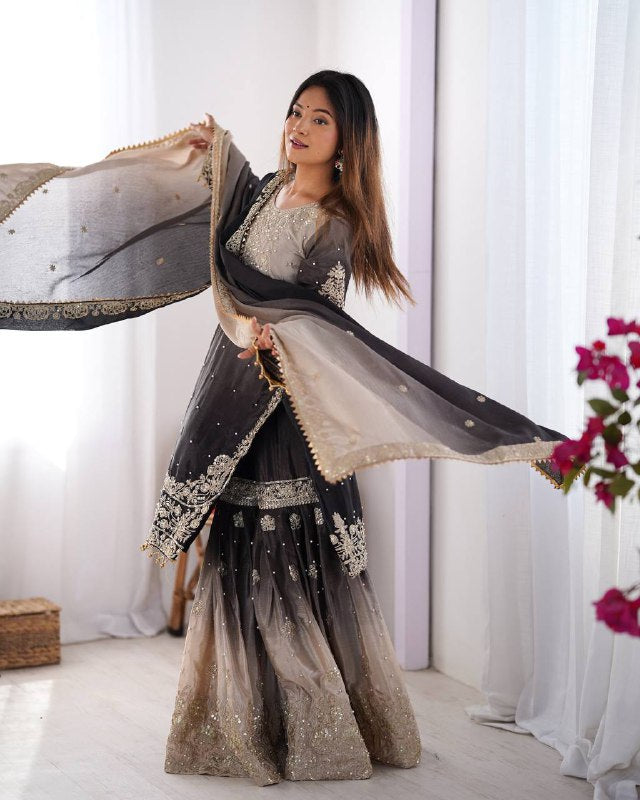 Premium Chinnon Silk with Coding Dori with Sequence with Rivet Moti Work Fancy Suit Set
