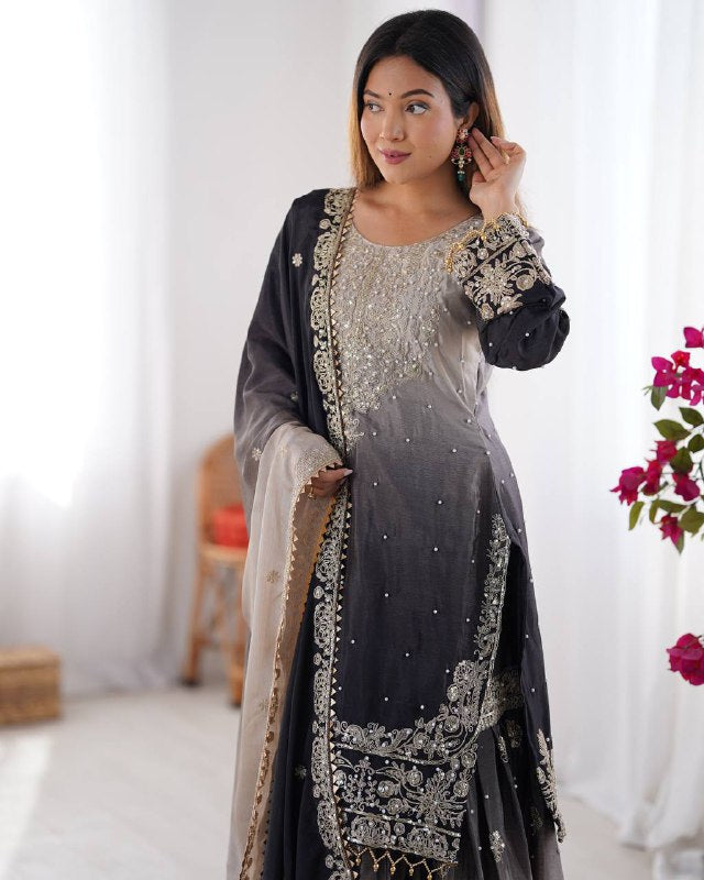 Premium Chinnon Silk with Coding Dori with Sequence with Rivet Moti Work Fancy Suit Set
