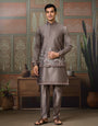 Grey Embroidered Koti Kurta Set for Mens Wear