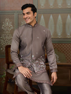 Grey Embroidered Koti Kurta Set for Mens Wear