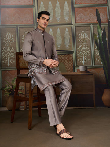 Grey Embroidered Koti Kurta Set for Mens Wear