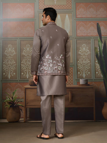 Grey Embroidered Koti Kurta Set for Mens Wear