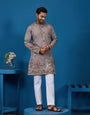 Classy Grey Embroidered Mens Kurta for Wedding Events