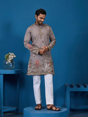 Classy Grey Embroidered Mens Kurta for Wedding Events