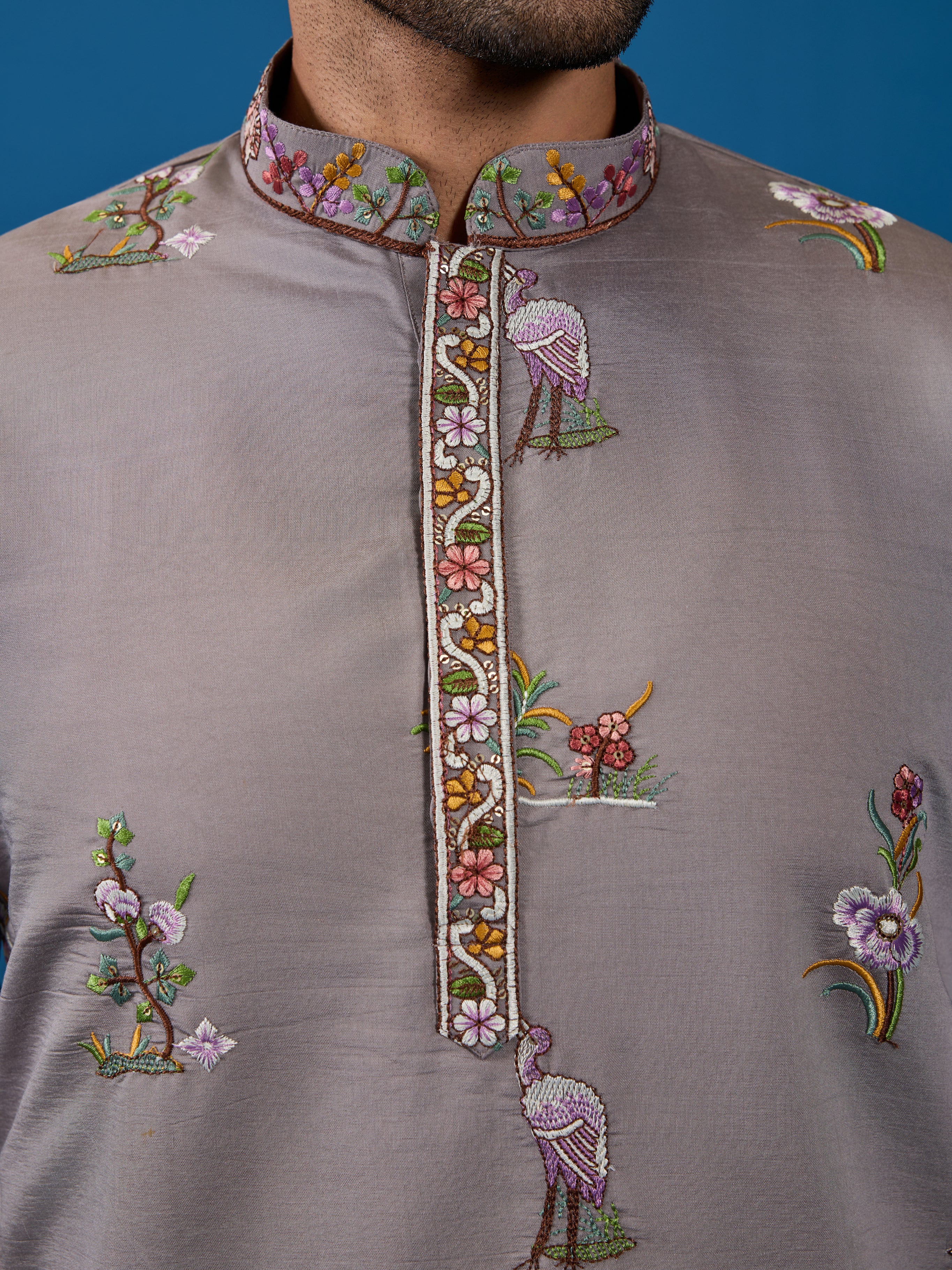 Classy Grey Embroidered Mens Kurta for Wedding Events