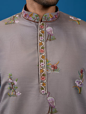 Classy Grey Embroidered Mens Kurta for Wedding Events