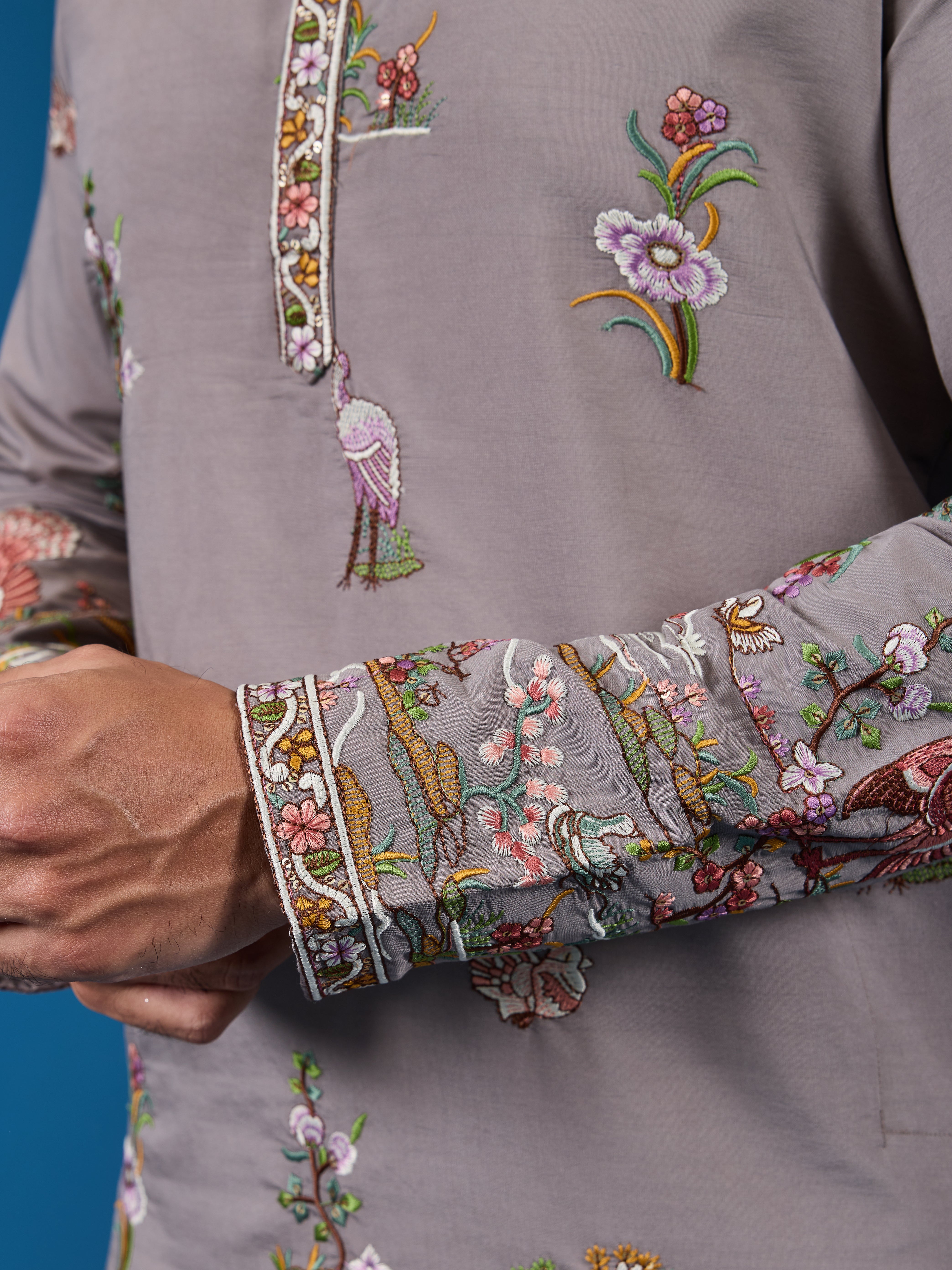 Classy Grey Embroidered Mens Kurta for Wedding Events