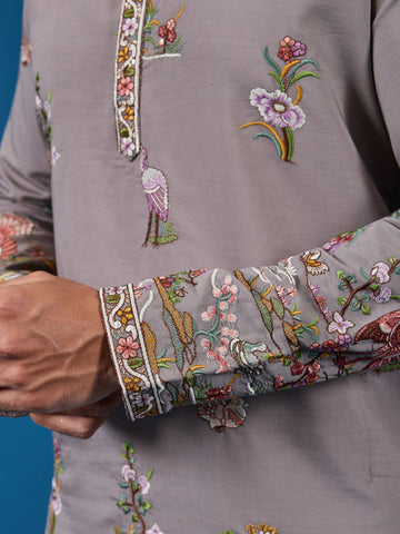 Classy Grey Embroidered Mens Kurta for Wedding Events