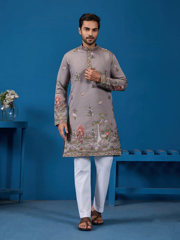 Classy Grey Embroidered Mens Kurta for Wedding Events