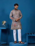 Classy Grey Embroidered Mens Kurta for Wedding Events
