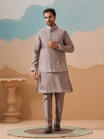 Elegant Grey Embroidered Kurta Jacket and Pant for Mens