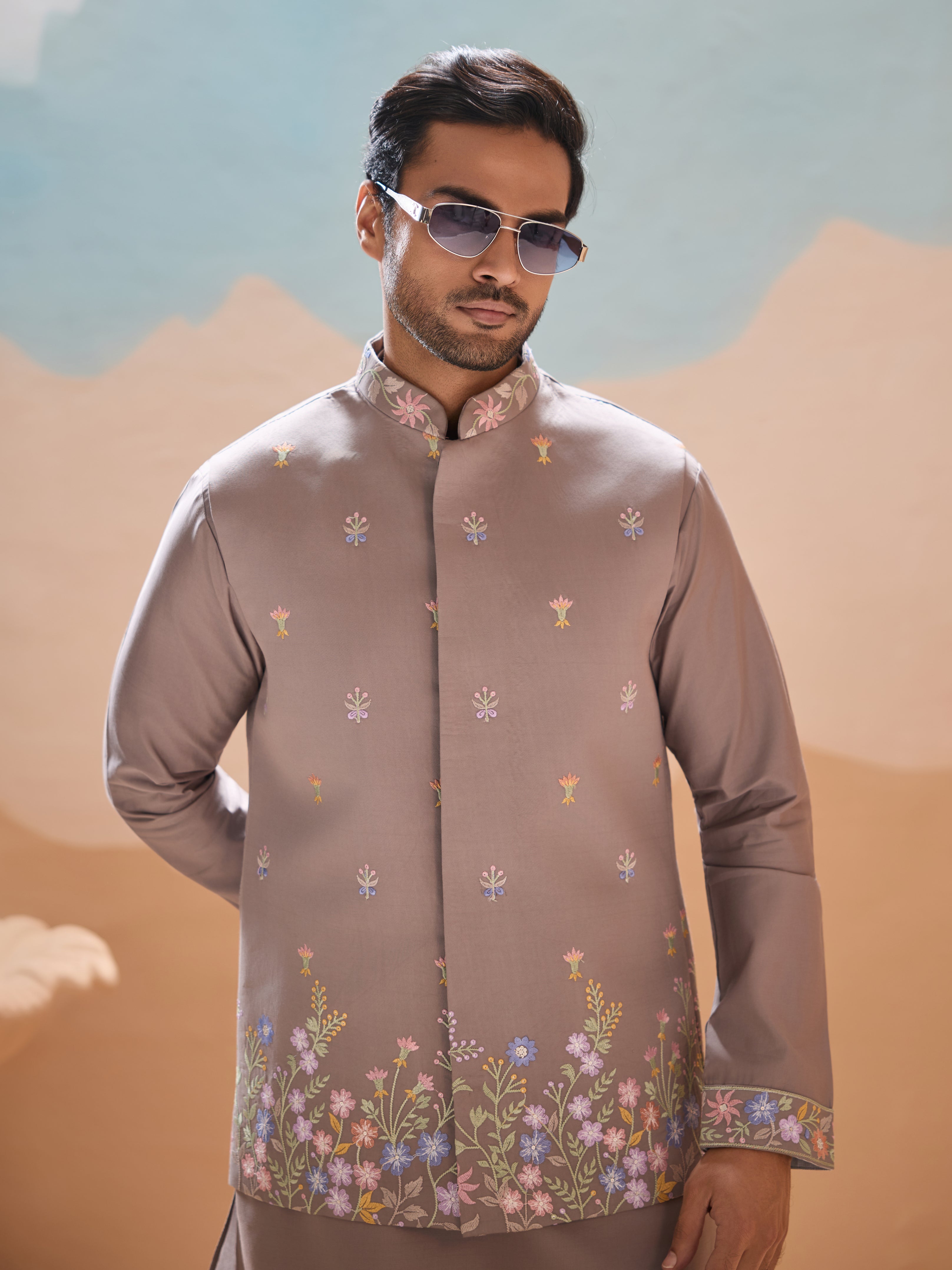 Elegant Grey Embroidered Kurta Jacket and Pant for Mens