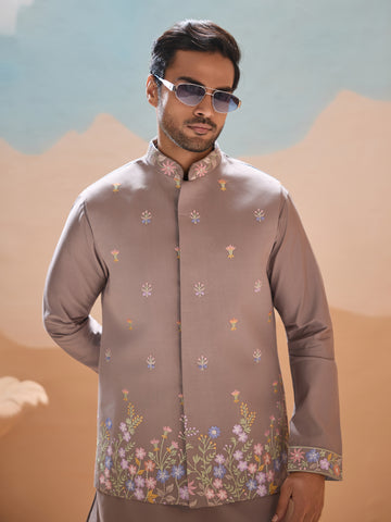 Elegant Grey Embroidered Kurta Jacket and Pant for Mens