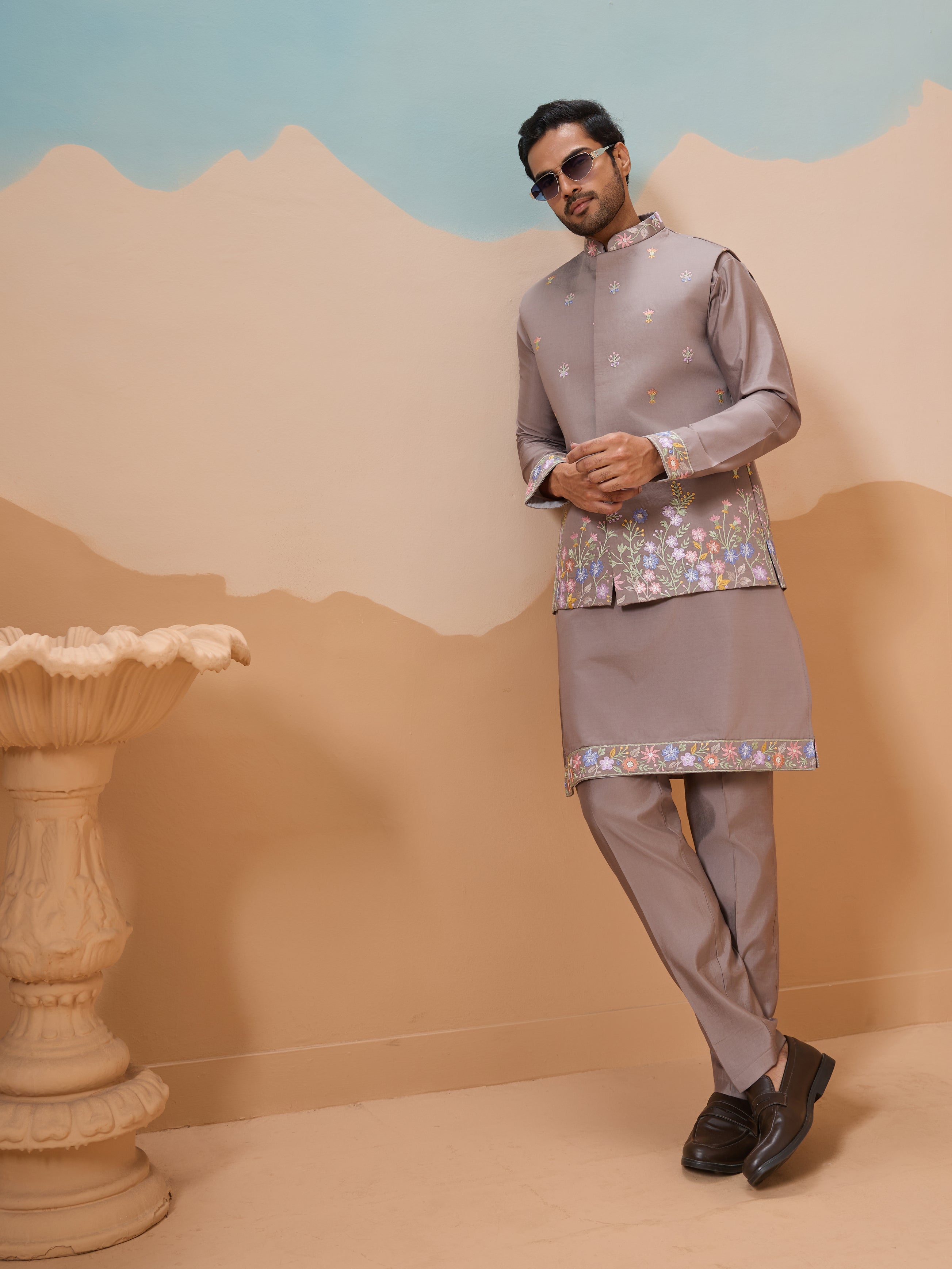 Elegant Grey Embroidered Kurta Jacket and Pant for Mens
