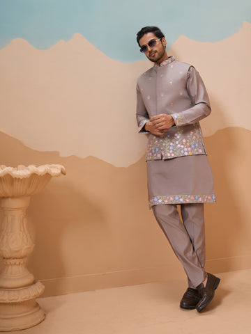 Elegant Grey Embroidered Kurta Jacket and Pant for Mens